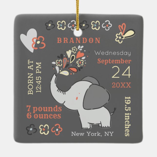 Orange Elephant Birth Stats Baby's First Christmas Ceramic Ornament (Back)