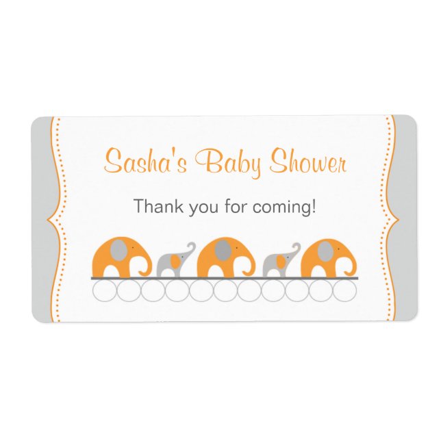 Orange Elephants Baby Shower Water bottle favour (Front)