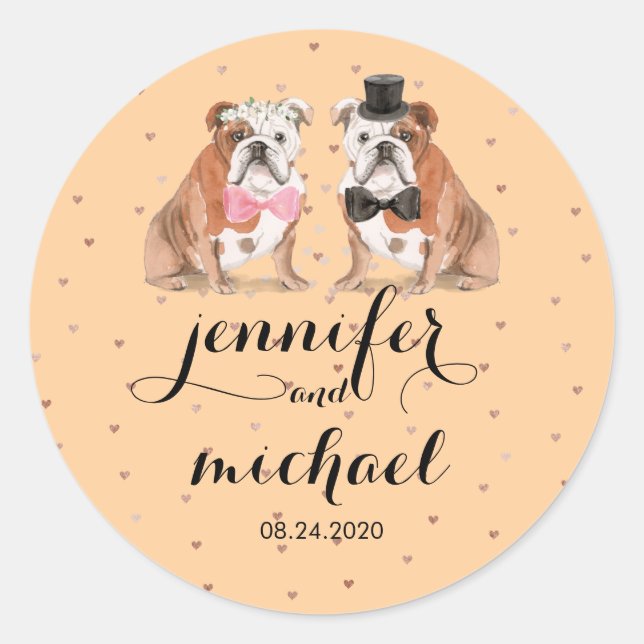Orange English Bulldog wedding Classic Round Sticker (Front)
