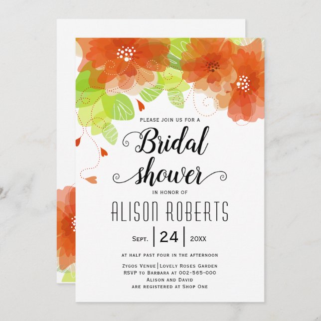 Orange ethereal flowers wedding bridal shower invitation (Front/Back)