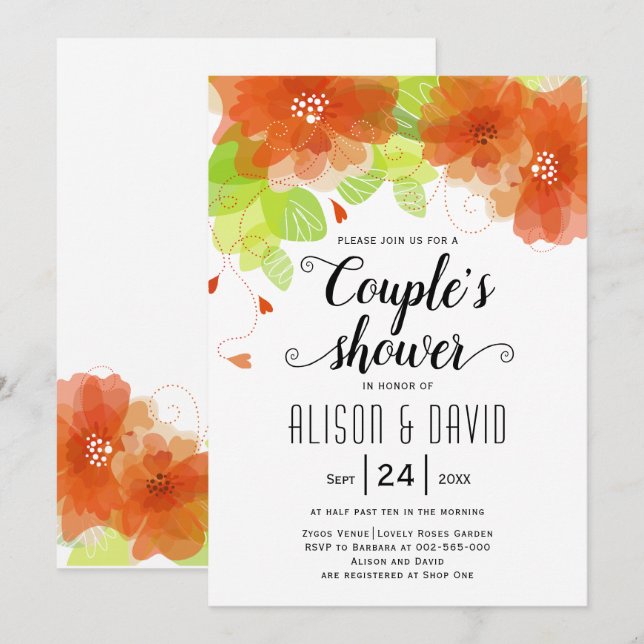 Orange ethereal flowers wedding couples shower invitation (Front/Back)