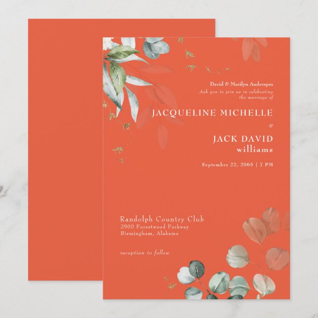 Orange Eucalyptus Elegance Bride Parents Wedding  Invitation (Front/Back)
