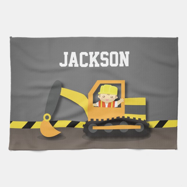Orange Excavator Construction Builder Boy Tea Towel (Horizontal)