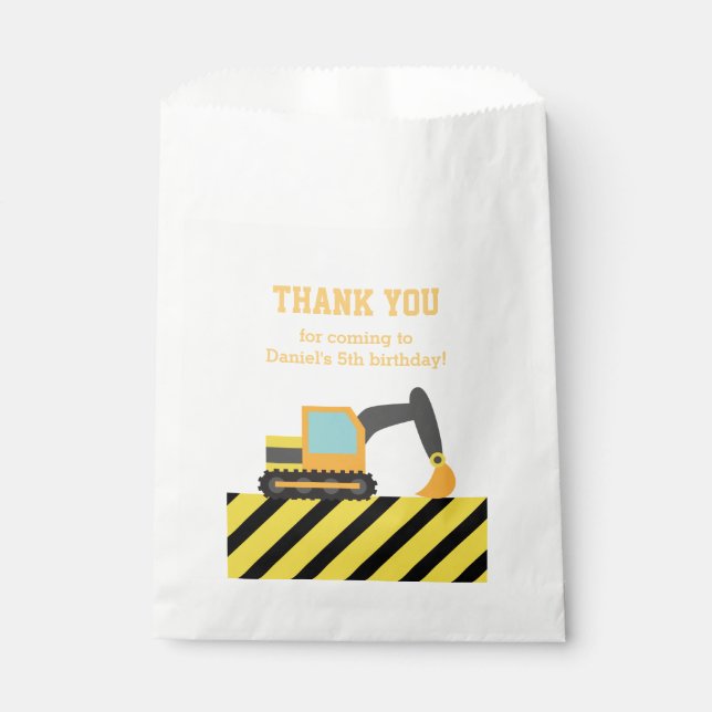 Orange Excavator Construction Kids Party Birthday Favour Bags (Front)