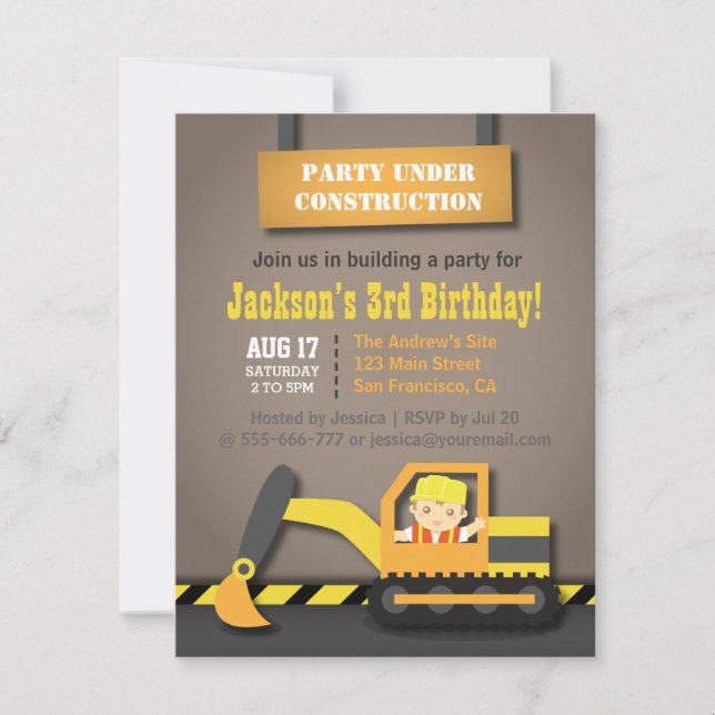 Orange Excavator Construction Theme Birthday Party Invitation (Front)
