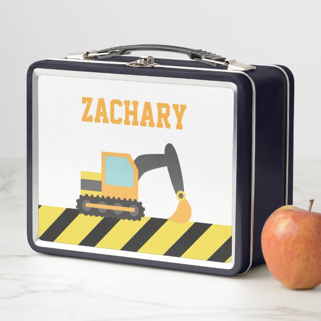 Orange Excavator, Construction Vehicle, Kids Metal Lunch Box (In Situ)