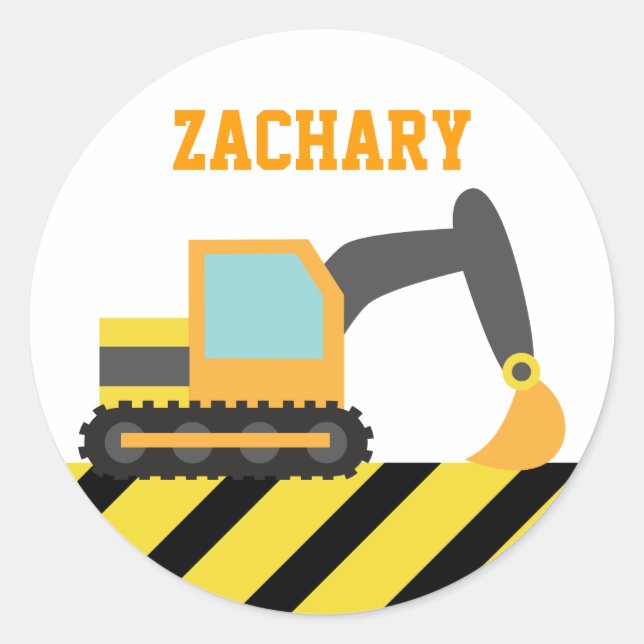 Orange Excavator, Construction Vehicles, for Kids Classic Round Sticker (Front)