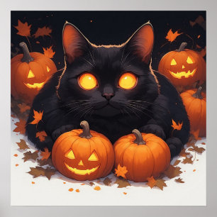 Orange Eyed Black Cat Halloween Pumpkin Theme 🎃 Poster