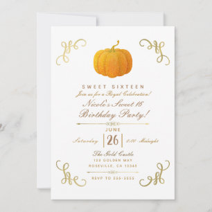Orange Fall Autumn Glitter Pumpkin Sweet 16 Party Invitation