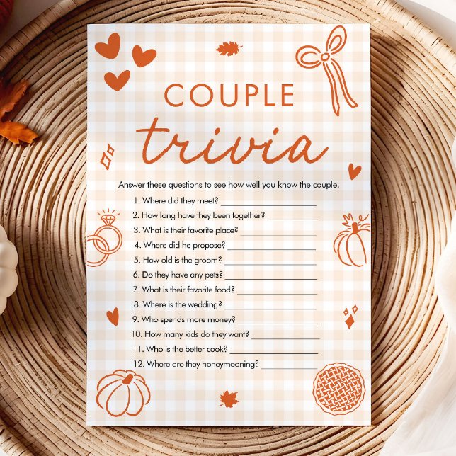 Orange Fall Bow Couple Trivia Bridal Shower Game Invitation (Orange Fall Bow Couple Trivia Bridal Shower Game)