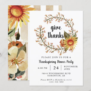 Orange Fall Colours Flowers Thanksgiving Dinner Invitation