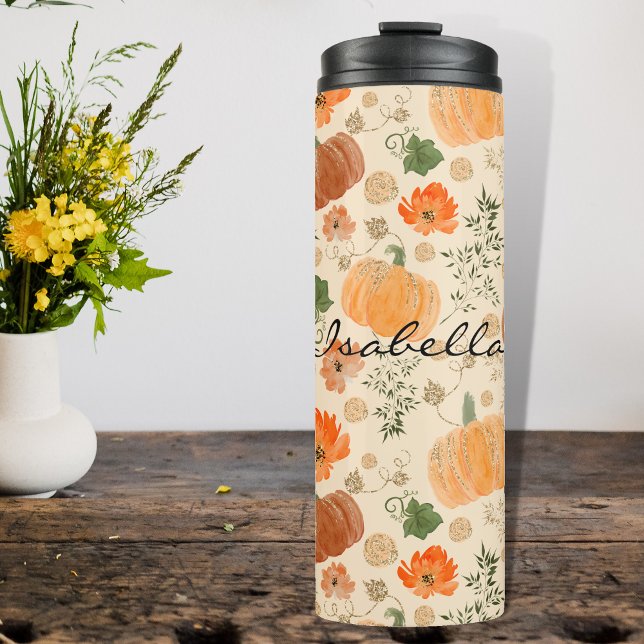 Orange Fall Faux Glitter Pumpkins Name Thermal Tumbler (Creator Uploaded)