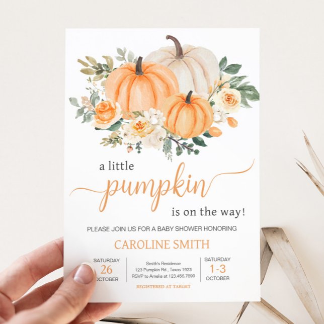 Orange Fall Floral Pumpkin Invitation (Fall Pumpkin Baby Shower Invitation )