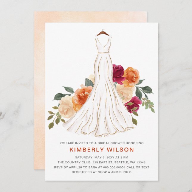 Orange Fall Floral Wedding Dress Bridal Shower Invitation (Front/Back)
