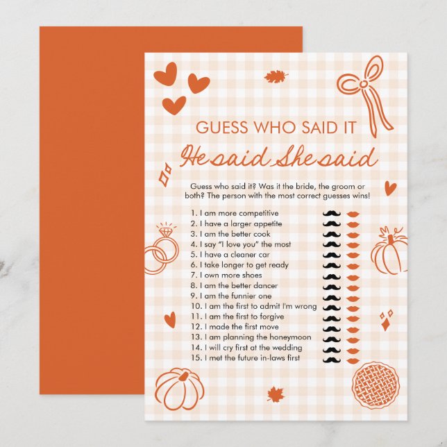 Orange Fall He Said She Said Bride or Groom Game Invitation (Front/Back)