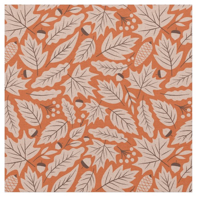 Orange Fall Leaves & Acorns Pattern Fabric (Close Up)