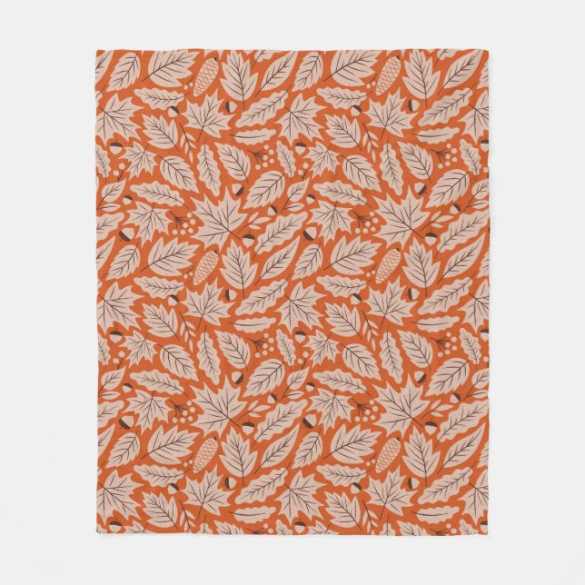 Orange Fall Leaves & Acorns Pattern Fleece Blanket (Front)