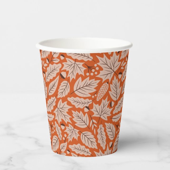 Orange Fall Leaves & Acorns Pattern Paper Cups (Front)