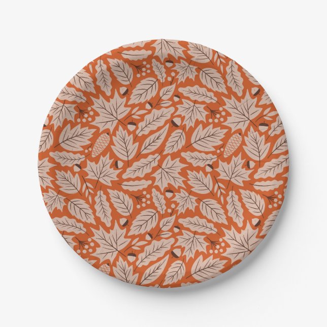 Orange Fall Leaves & Acorns Pattern Paper Plate (Front)