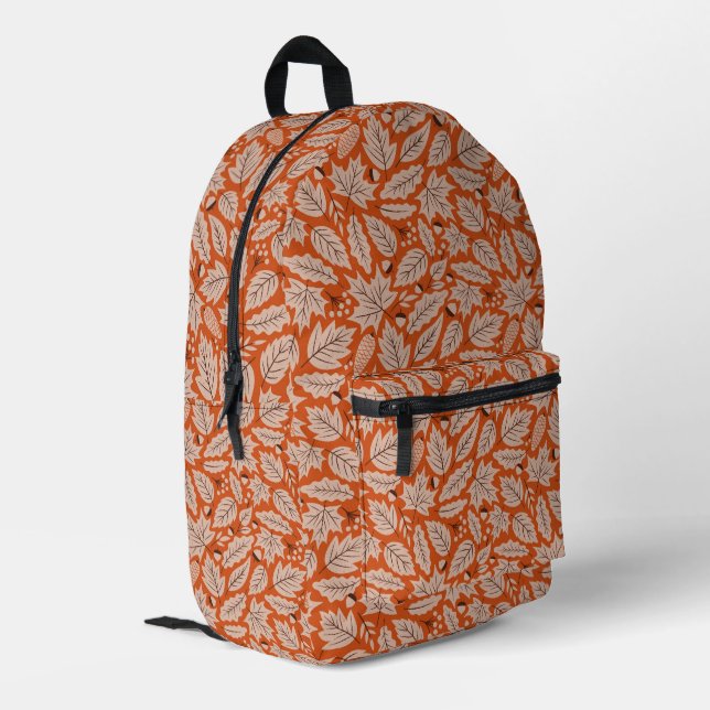 Orange Fall Leaves & Acorns Pattern Printed Backpack (Back Corner Left)