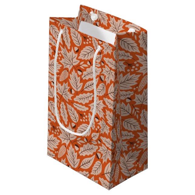 Orange Fall Leaves & Acorns Pattern Small Gift Bag (Front Angled)