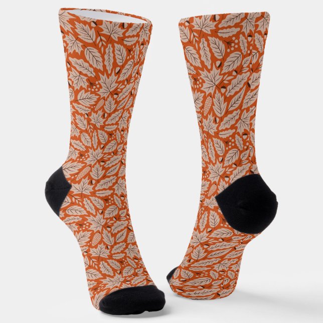 Orange Fall Leaves & Acorns Pattern Socks (Angled)