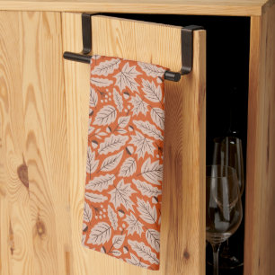 Orange Fall Leaves & Acorns Pattern Tea Towel