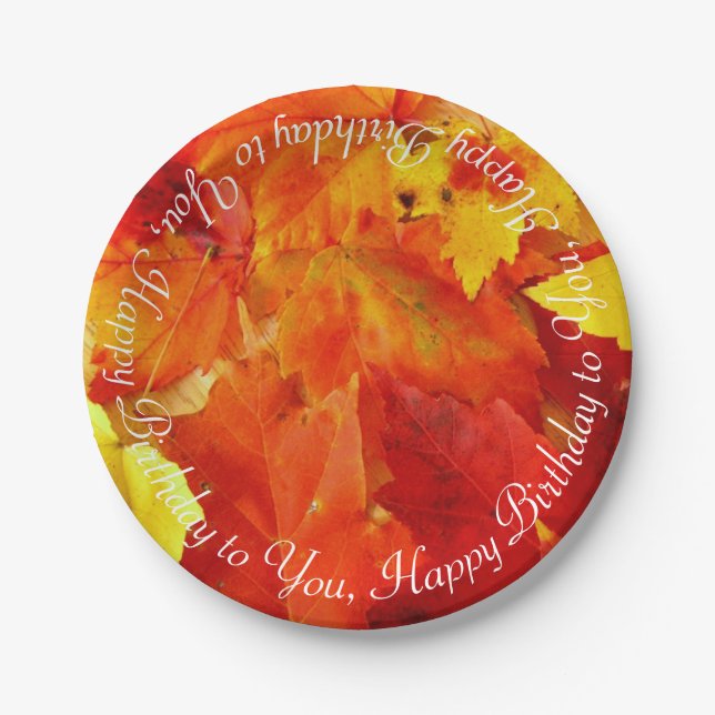Orange Fall Leaves Happy Birthday Party Plates (Front)
