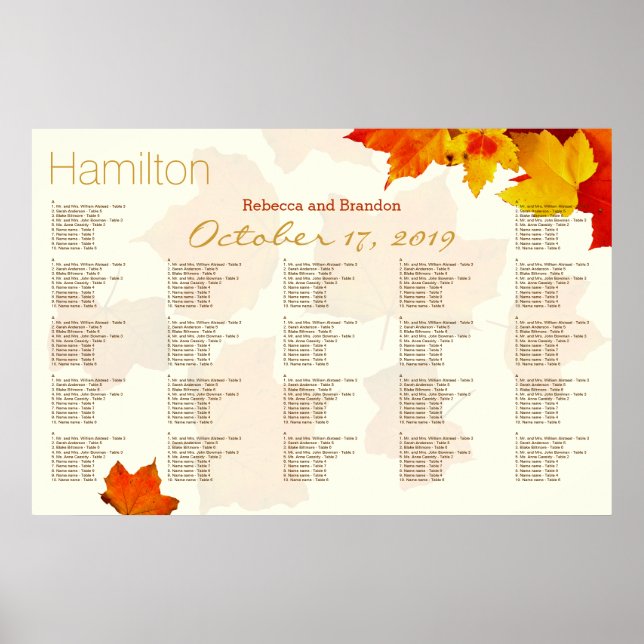 Orange Fall Leaves Seasonal Wedding Seating Chart (Front)