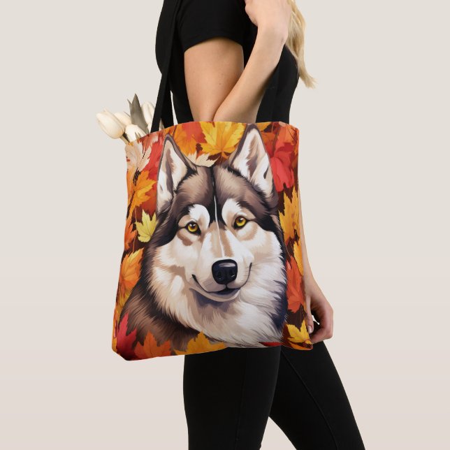 ORANGE FALL LEAVES & SIBERIAN HUSKY DOG TOTE BAG (Close Up)