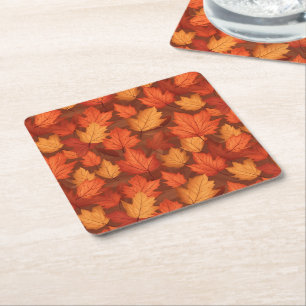 Orange fall leaves square paper coaster
