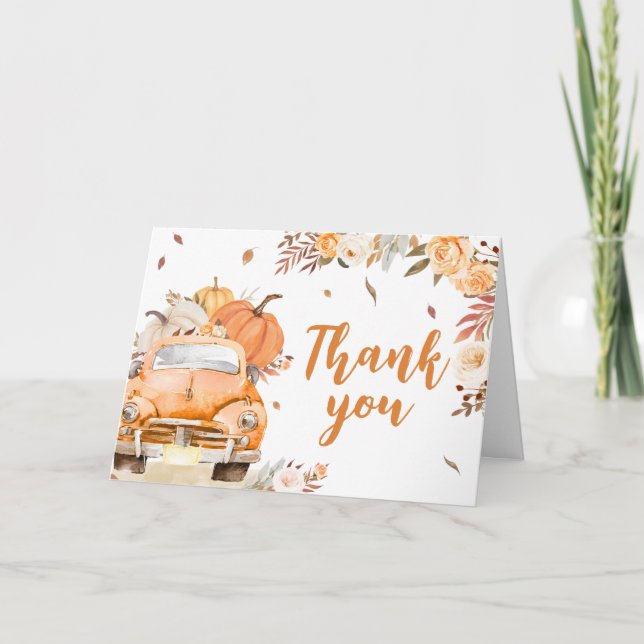 Orange Fall Pumpkin Truck Baby Shower Thank You Card (Front)