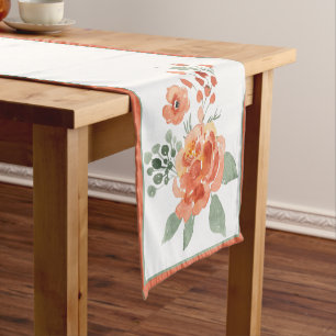Orange fall watercolor floral short table runner