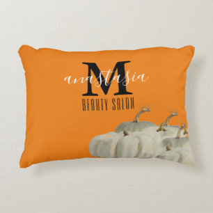 Orange Fall White Pumpkins Beauty Salon Monogram Decorative Cushion