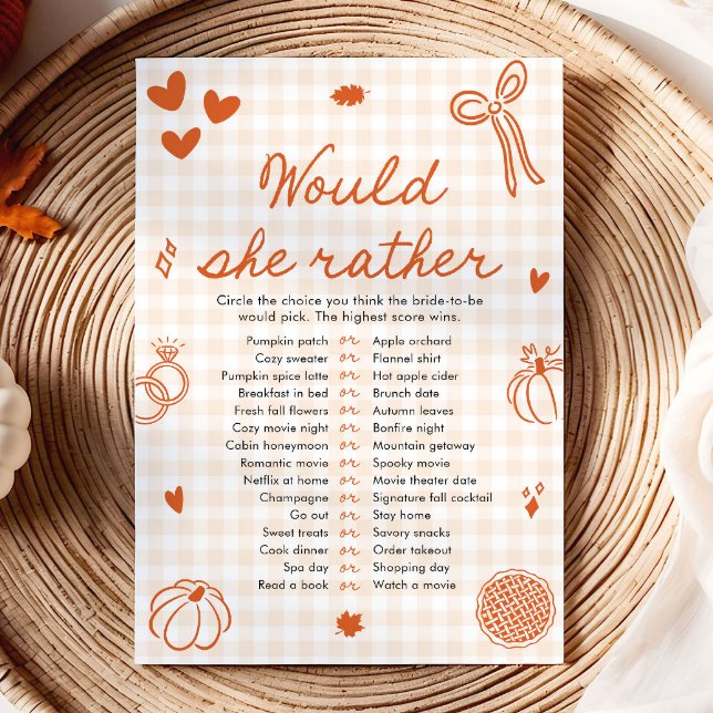 Orange Fall Would She Rather Bridal Shower Game Invitation (Orange Fall Would She Rather Bridal Shower Game)