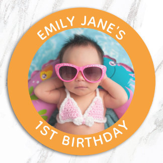 Orange Family Photo 1st Birthday Favour Classic Round Sticker