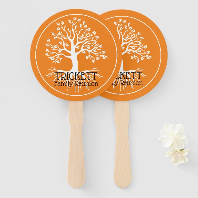 Orange Family Reunion Family Tree Silhouette Hand Fan (Front and Back)