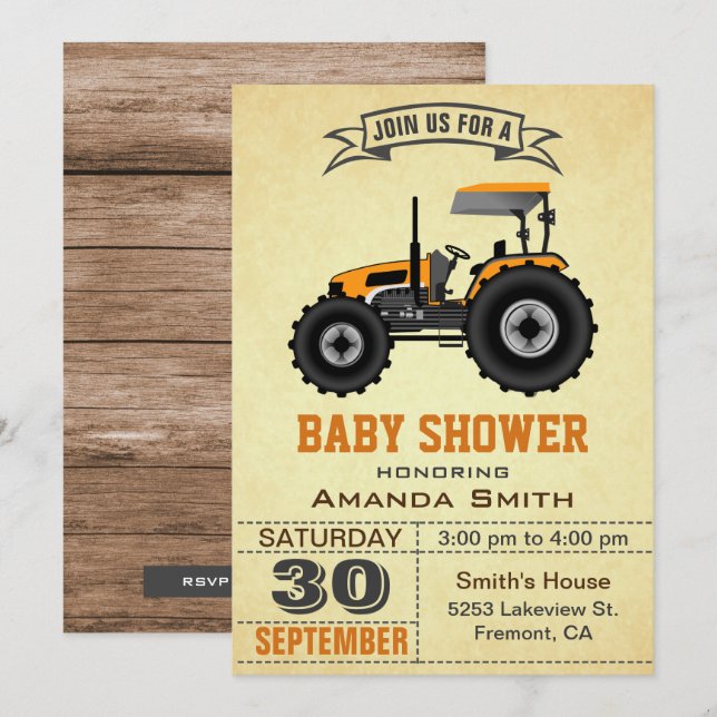 Orange Farm Tractor Baby Shower Invitation (Front/Back)