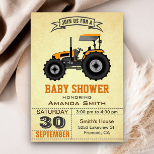 Orange Farm Tractor Baby Shower Invitation