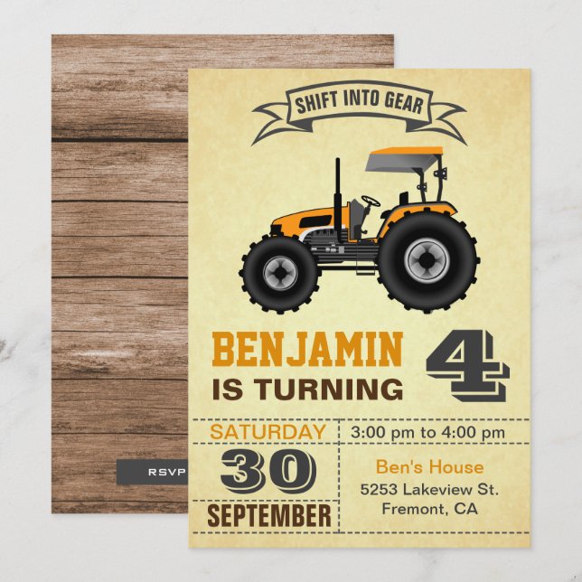 Orange Farm Tractor Kids Birthday Party Invitation (Front/Back)