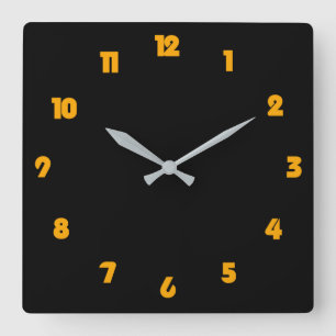 Orange Fat Numbers On Black wct Square Wall Clock