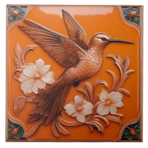 Orange faux relief Art Nouveau Hummingbird R Tile