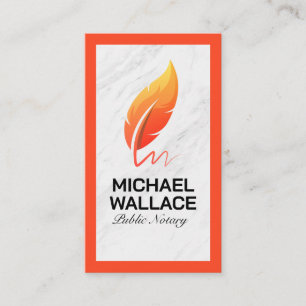 Orange Feather Pen Logo   White Marble Business Card