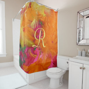 Orange Feathers Shower Curtain Yellow Monogram