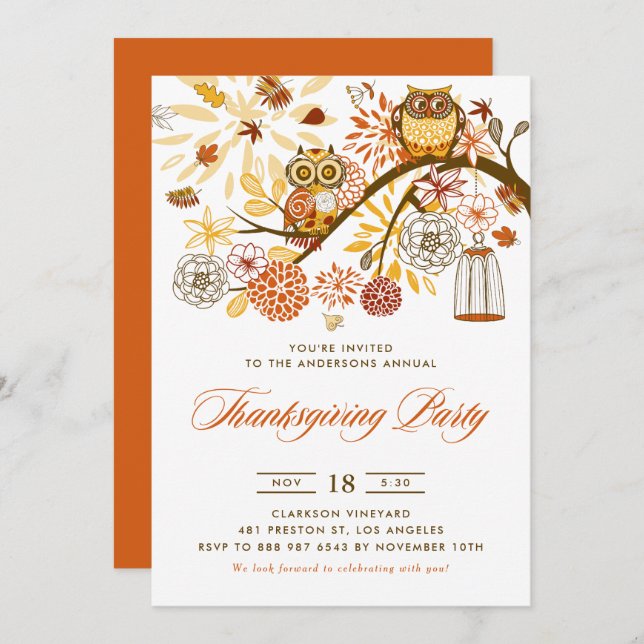Orange Festive Owls Thanksgiving Party Invitation (Front/Back)