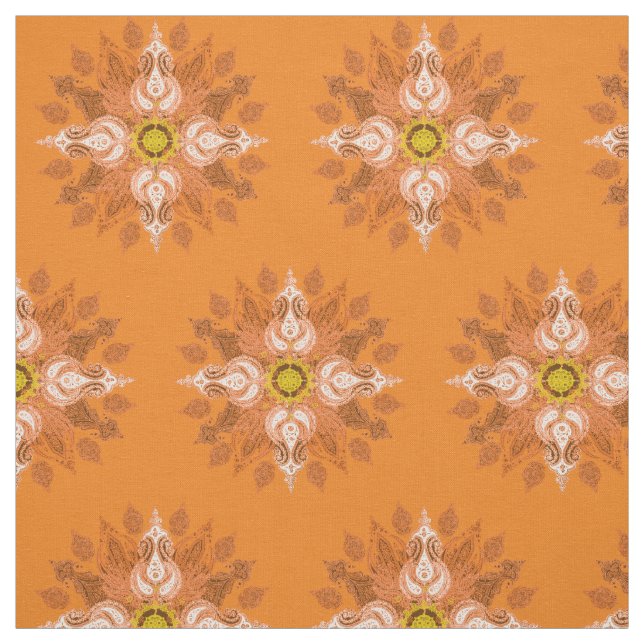 Orange fire paisley oriental pattern fabric (Swatch)