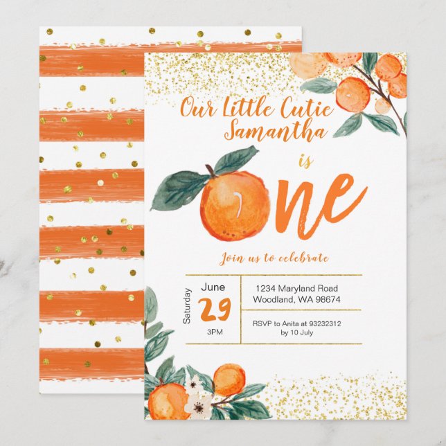 Orange First Birthday Invitation (Front/Back)