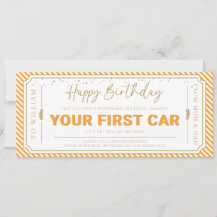 Orange First Car Birthday Gift Voucher Card