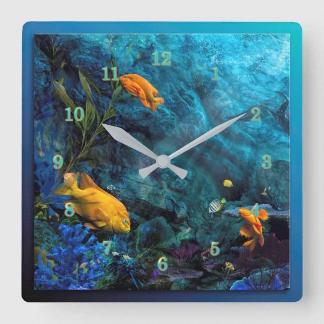 ORANGE FISH BLUE OCEAN SQUARE WALL CLOCK (Front)