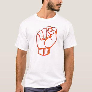 orange fist, on orange t-shirt